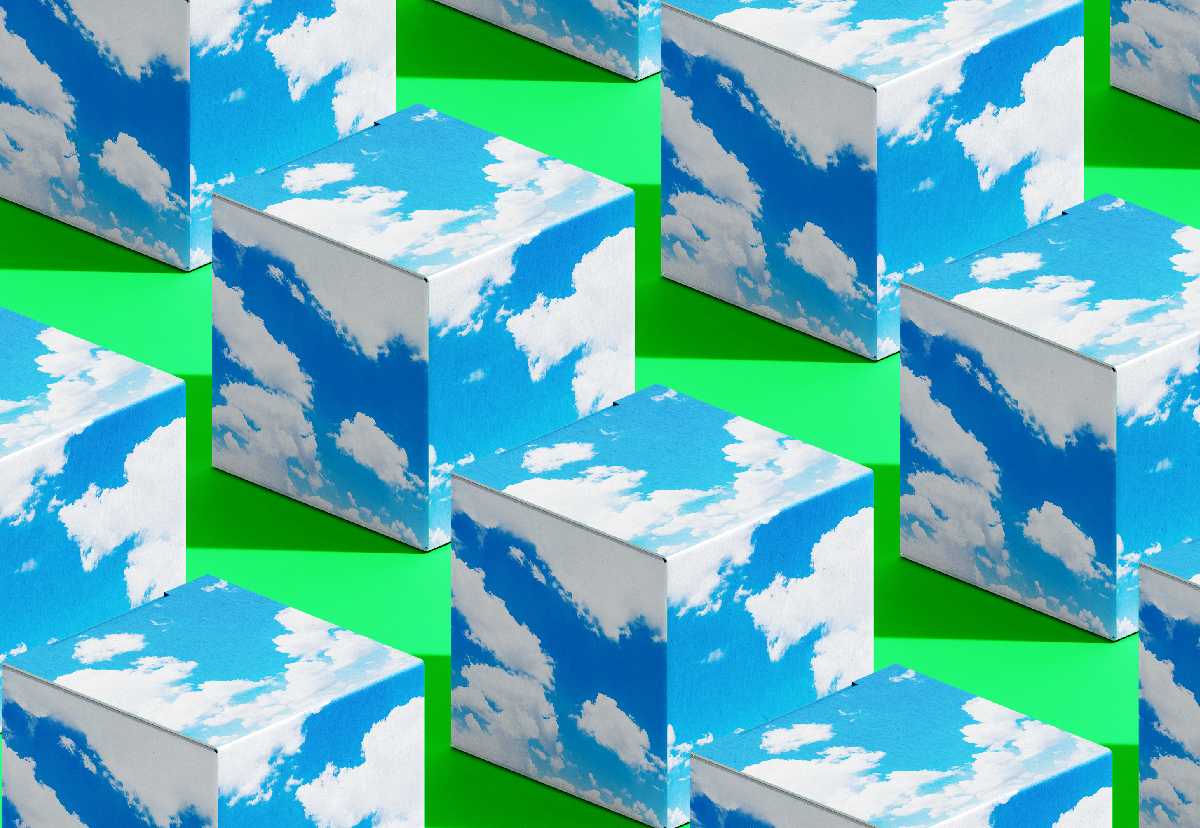 Illustration using the artistic use of a mockup that showcases the sky in a cube.