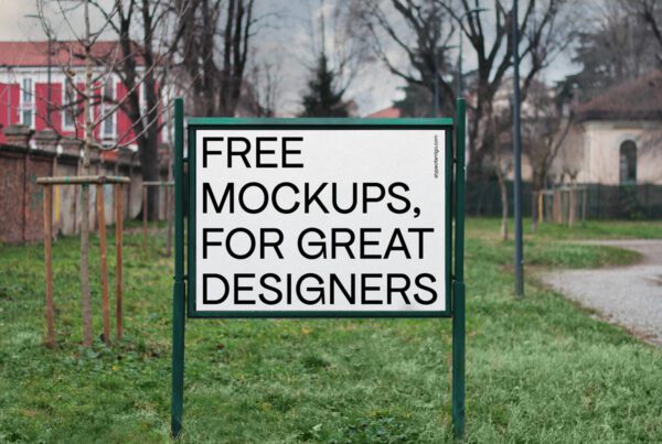 Free Mockup, editable image, of an horizontal framed outdoor billboard, poster, located in park. This picture, with a characteristic urban flare, was taken in Milan, Italy.