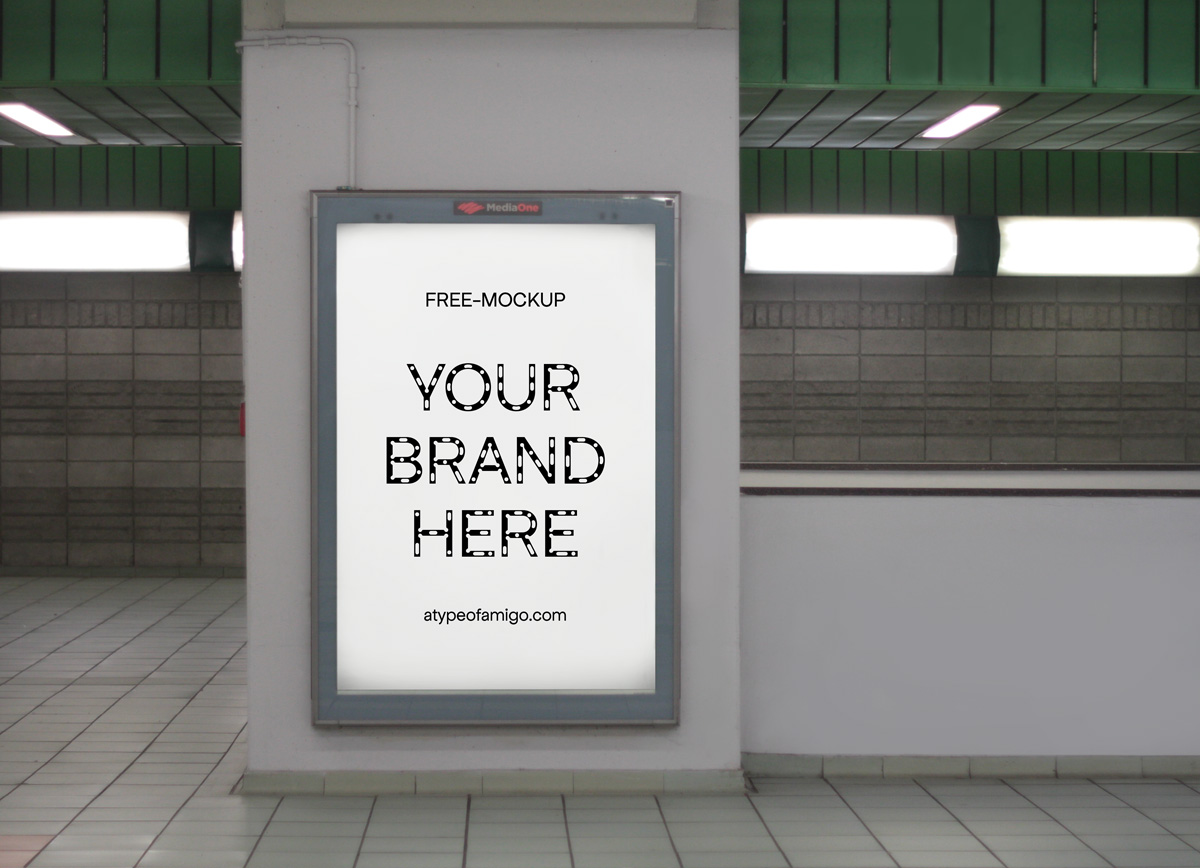 Mockup, editable image, of underground vertical billboard on a metro station, poster, in Milan, Italy.