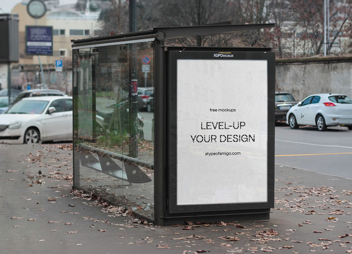 Mockup, editable image, of a bus stop billboard, poster, in Milan, Italy.