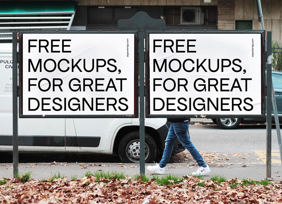 Mockup, editable image, of medium-size twin billboards, poster, in an urban context. Picture taken in Milan, Italy.