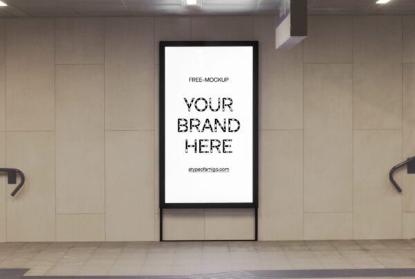 Mockup, editable image, of a poster, billboard, in a clean metro or train station. This picture was taken in Milan, Italy.