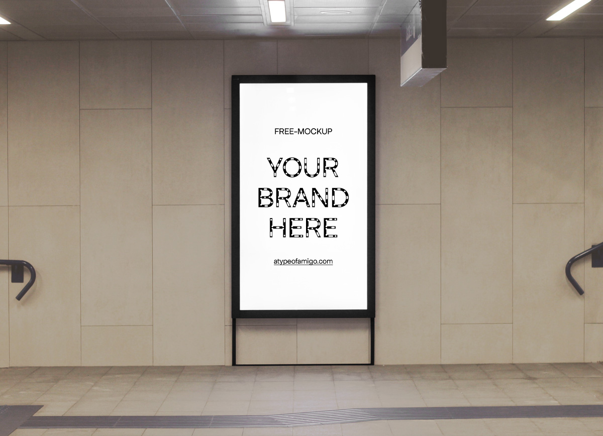 Mockup, editable image, of a poster, billboard, in a clean metro or train station. This picture was taken in Milan, Italy.