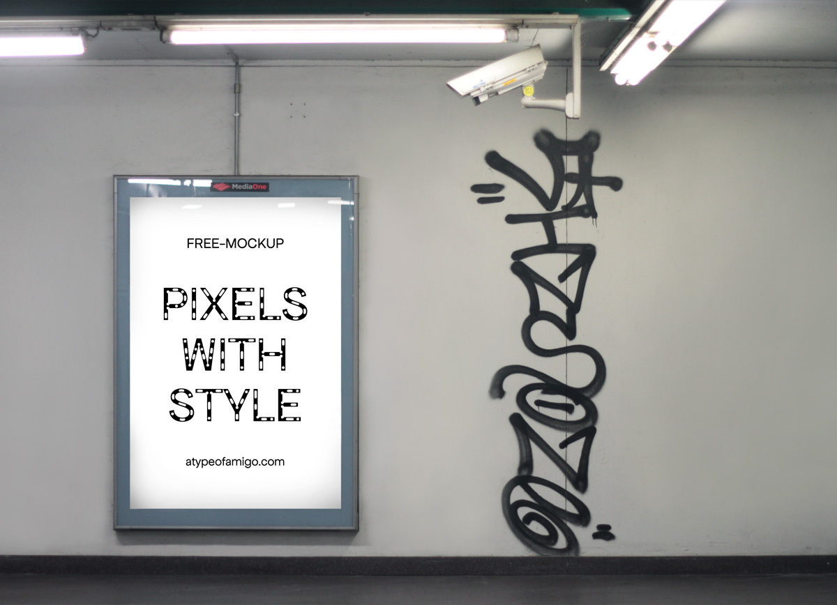 Mockup, editable image, of a poster, billboard, in a metro or train station with a urban flare. This picture was taken in Milan, Italy.