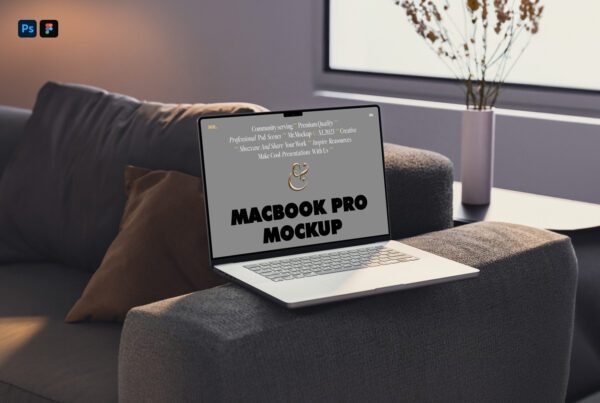 Free Macbook Pro on Couch PSD Mockup