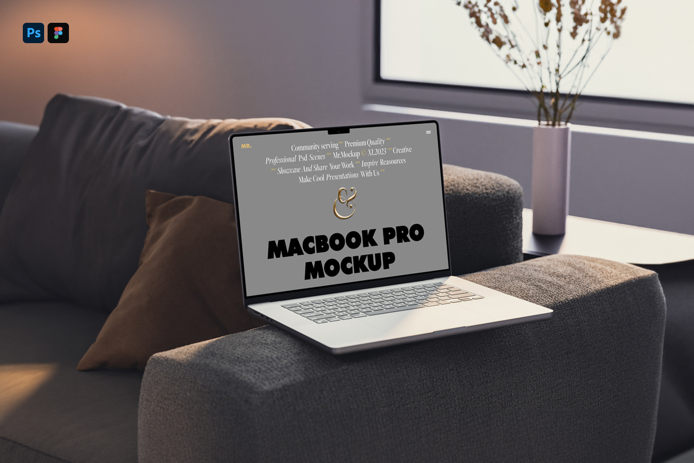 Free Macbook Pro on Couch PSD Mockup