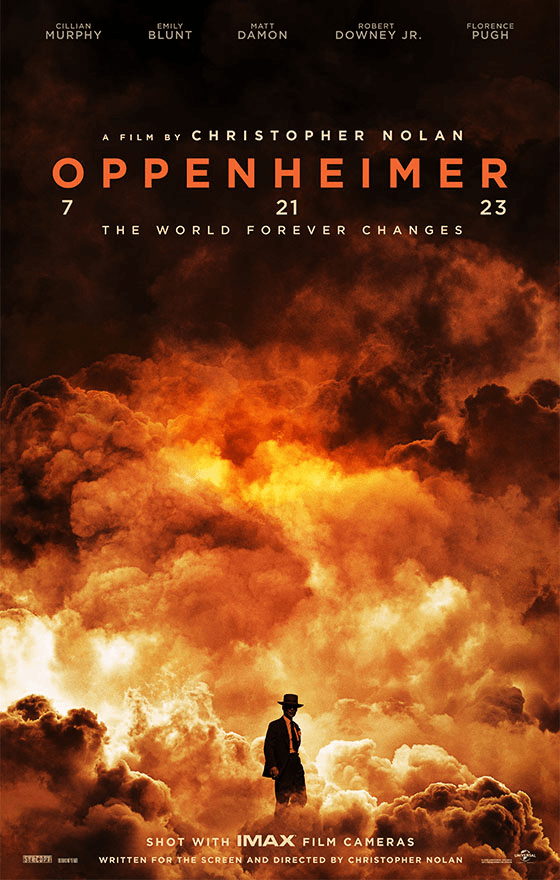 Oppenheimer movie poster, showing the main character standing before a bomb explosion