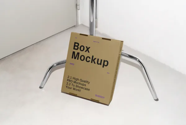 Free Cardboard Box Leaning Against the Tripod Mockup