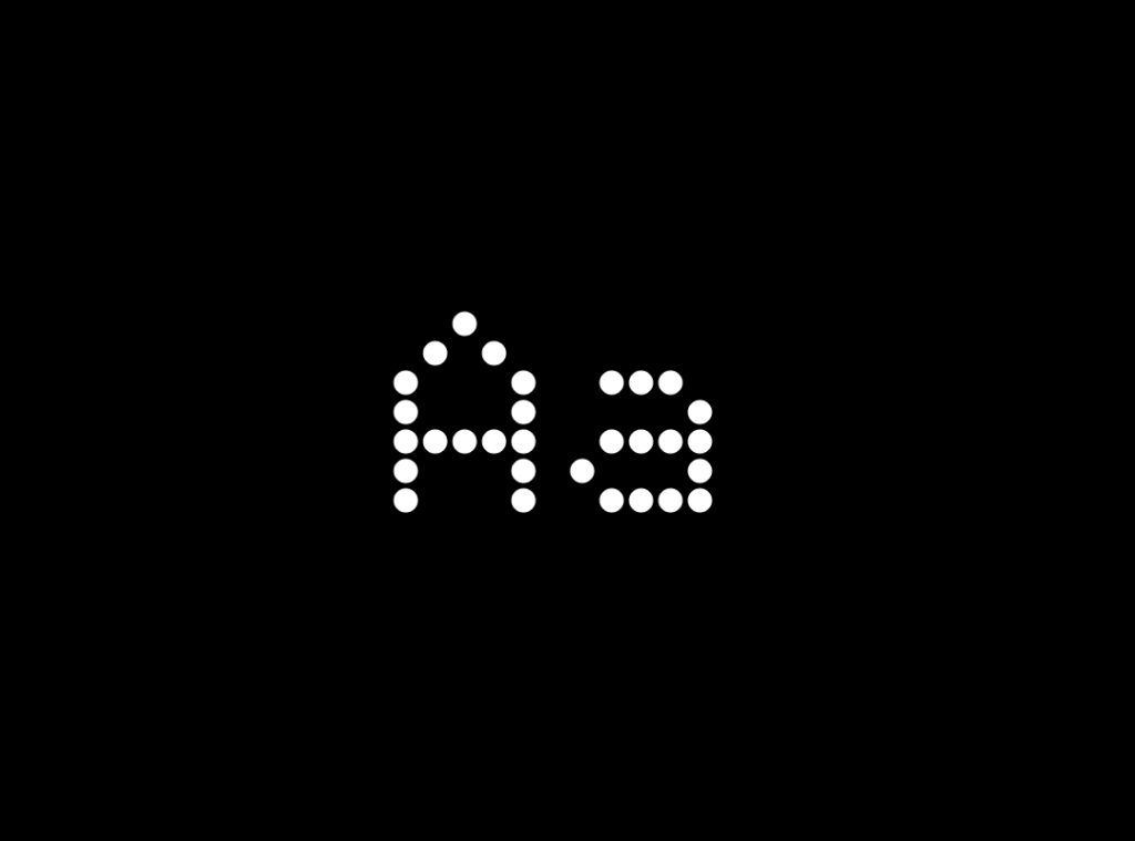 A close-up of the letters "Aa" in the Doto font, a bit-map inspired monospace typeface, in a white color on a black background.