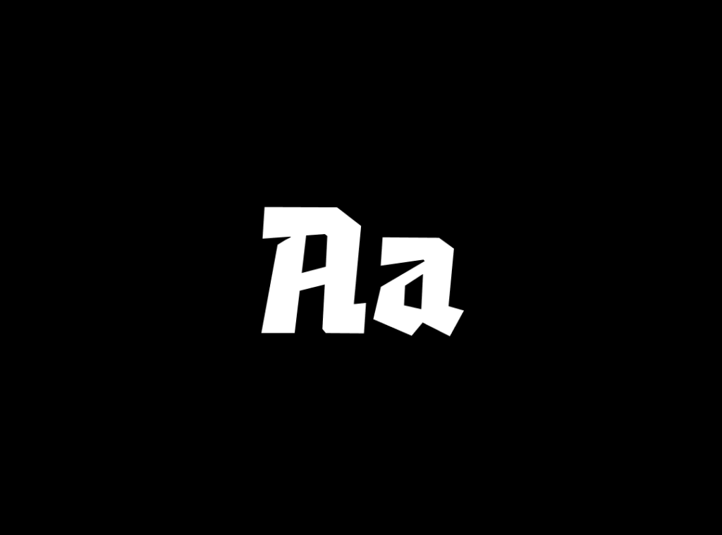 A close-up of the letters "Aa" in the Runtti font, a striking, curveless typeface, in a white color on a black background.