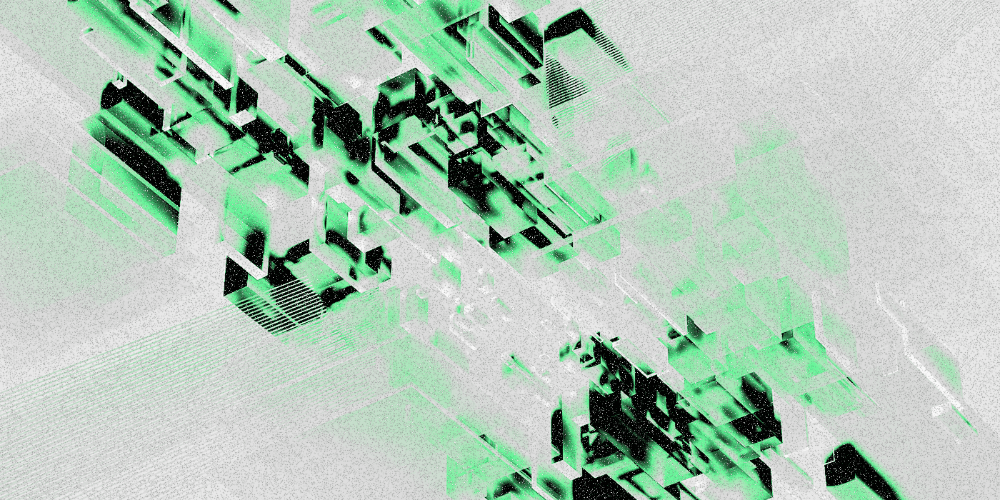 Abstract digital art featuring green and black geometric shapes scattered across a light background, creating a dynamic, futuristic feel.