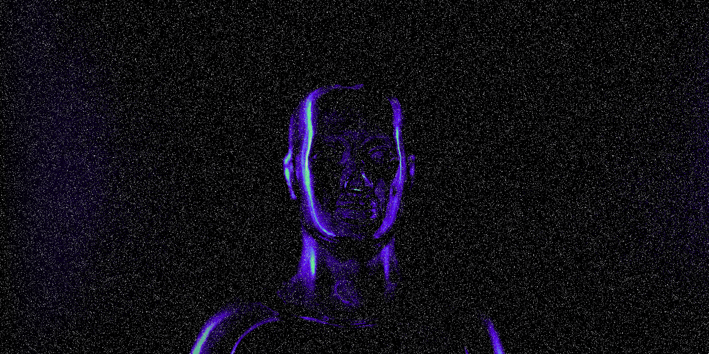 A digital image of a humanoid figure in glowing purple tones against a black, starry background. The futuristic, mysterious ambiance is enhanced by the cosmic setting.