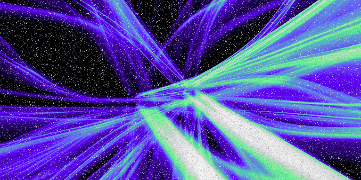 Abstract image with dynamic blue and green light trails converging on a starry black background, creating a sense of motion and cosmic mystery.