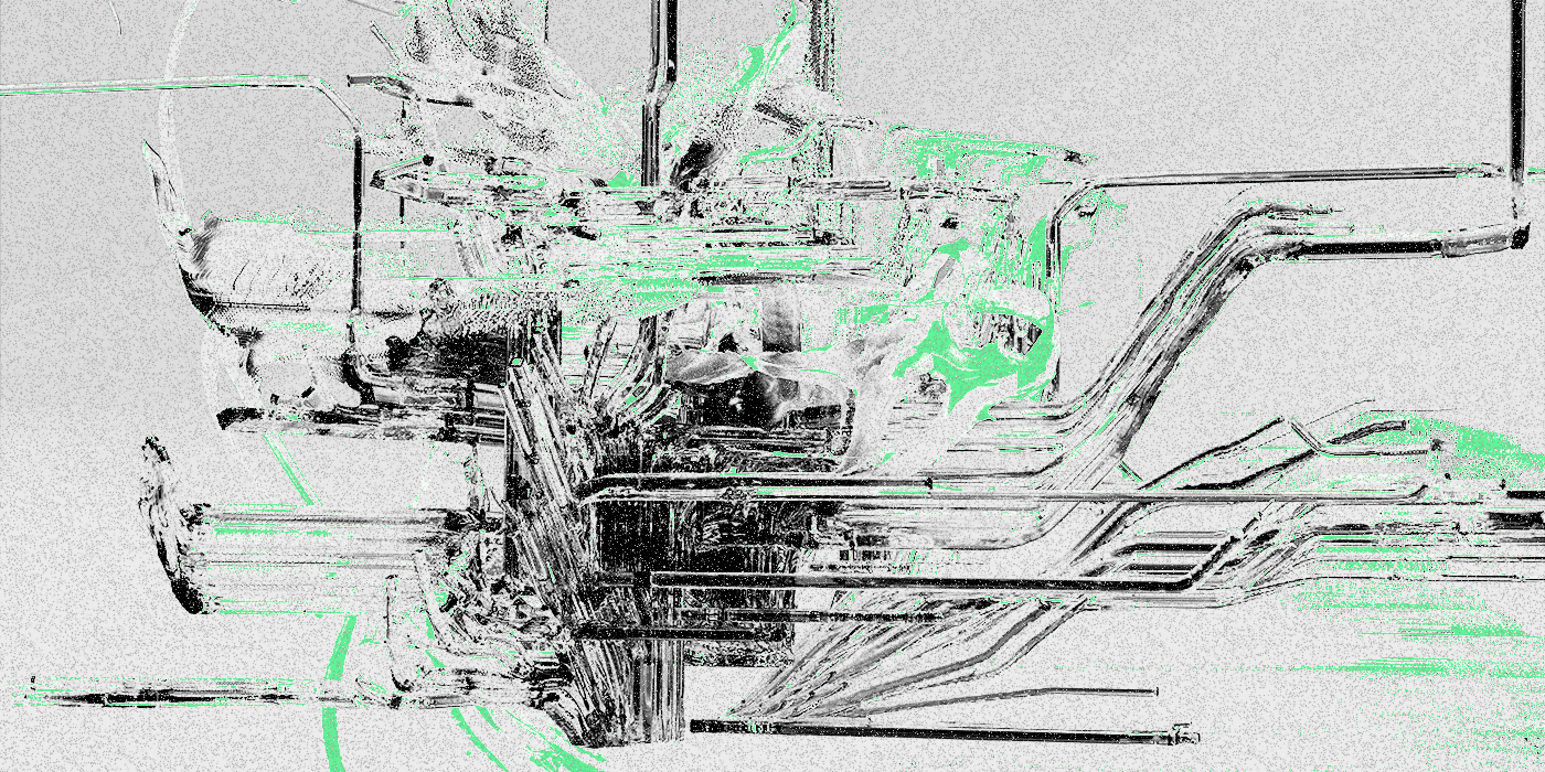 Abstract digital artwork with chaotic black lines intersecting a gray background, interspersed with bright green accents. It conveys a sense of dynamic motion.