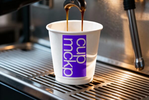A coffee machine dispenses dark coffee into a white paper cup featuring a purple vertical logo reading "cup mckp" on a metallic drip tray.