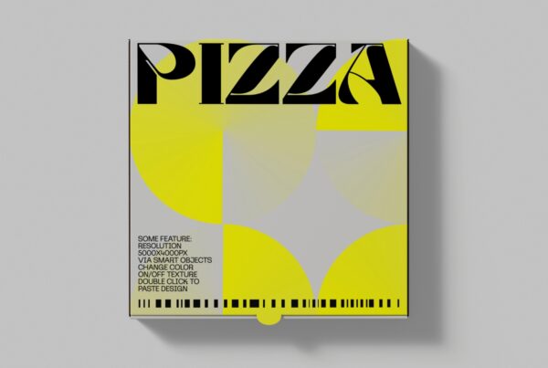 Pizza box with a bold black "PIZZA" text on a bright yellow and grey geometric design. Features list on the side. Modern, minimalist style.