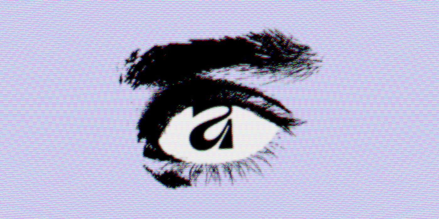 Stylized black and white drawing of an eye with bold brows on a purple background. The pupil resembles a droplet shape, which is the Affinity logo, creating a surreal effect.