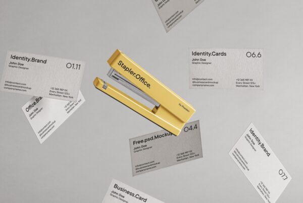 A stack of professional business cards in an office setting