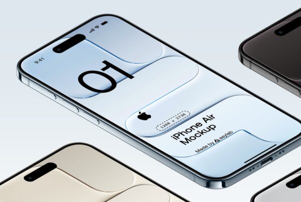 A floating iPhone Air showing a clean screen interface against a customizable minimalist background.