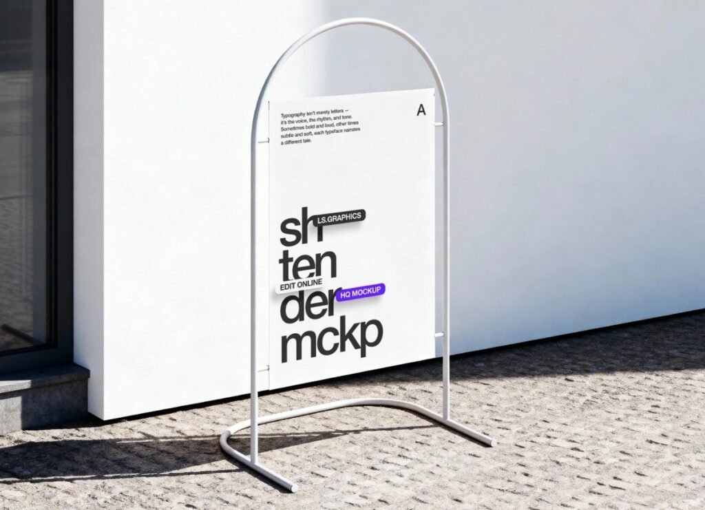 A minimalist white arch-shaped metal sign stand with a vertical poster in a bright outdoor urban setting.