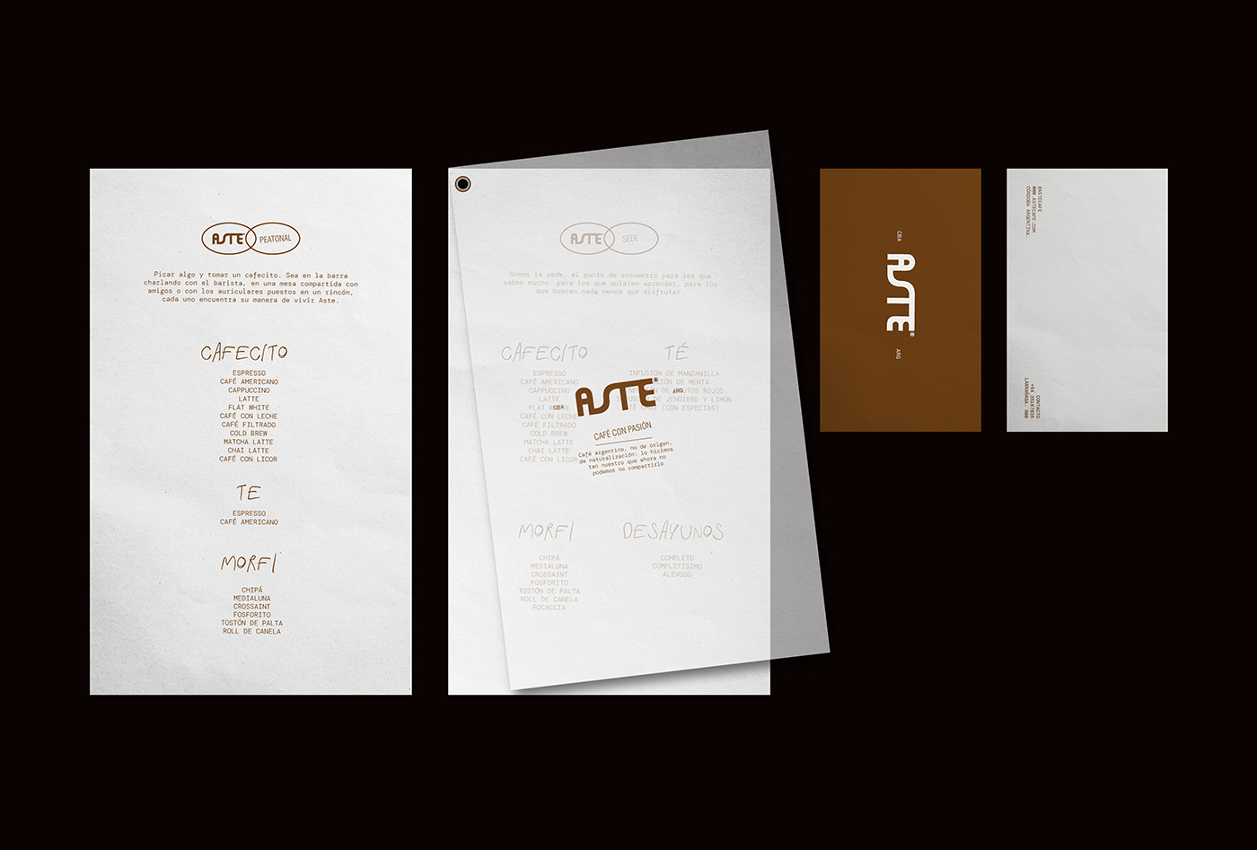 Minimalist paper menus and business cards for Aste Cafe featuring clean typography on a black background.