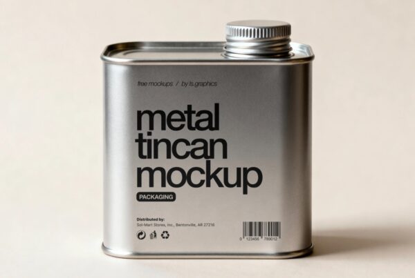 A front-facing view of a rectangular brushed silver metal tin with a screw cap against a neutral beige background.