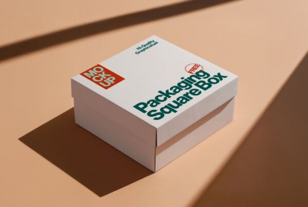 A white square packaging box with a lid, featuring green and orange branding, sitting on a tan surface with sharp shadows.
