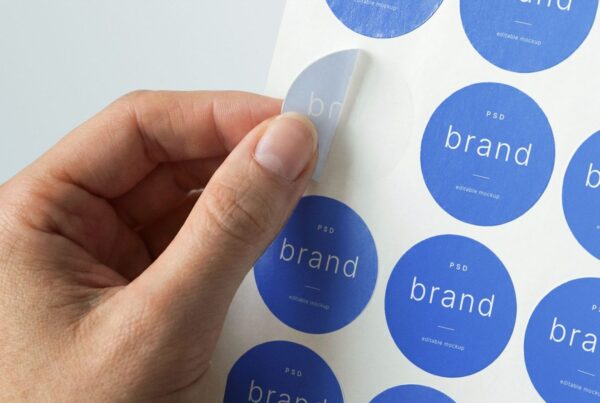 A close-up shot of a hand peeling a blue circular sticker from a white backing sheet. Title: Round Label Sheet Mockup with Peeling Action