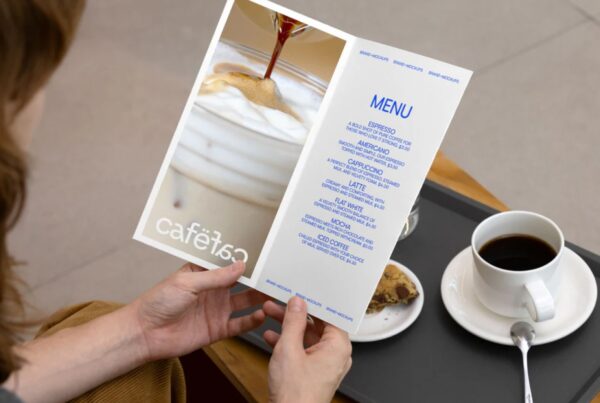 A woman holding a long DL-style menu in a café, with a cup of coffee and a cookie on a tray in the background.