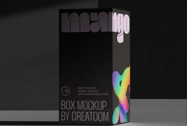 A vertical black rectangular box mockup positioned in a dark, minimalist setting with sharp geometric shadow overlays.