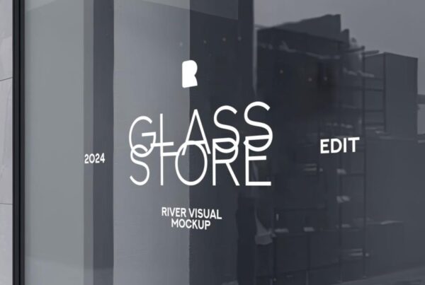 A wide-angle view of a modern glass storefront window displaying "RIVER VISUAL MOCKUP" in bold black typography.