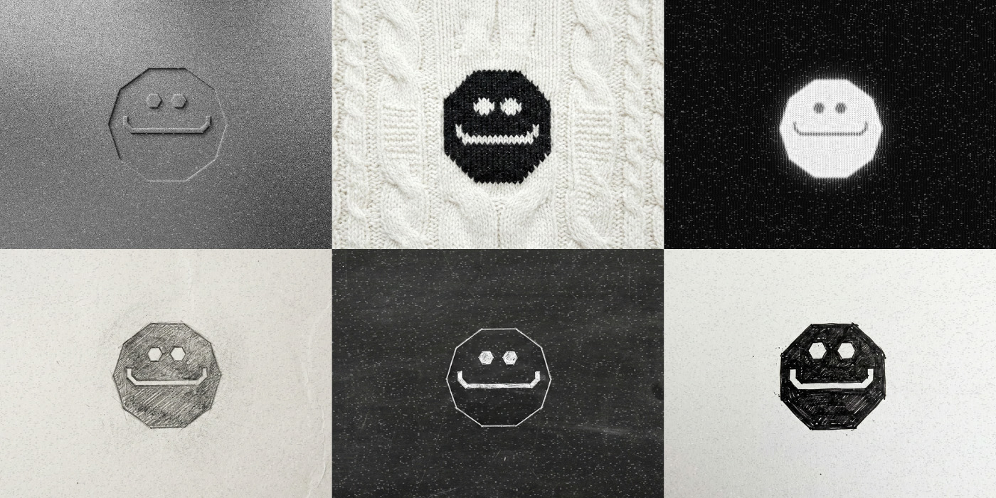 A grid of six images displaying the same octagonal smiley face logo rendered in different materials like metal, knitwear, and paper.