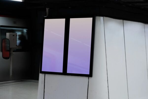 Two vertical digital advertising screens with a purple gradient mounted on a white architectural column in a subway station with a blurred train.
