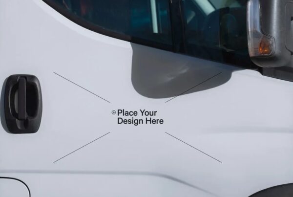 A close-up shot of a white car door featuring a customizable square sticker mockup with realistic lighting and reflections.