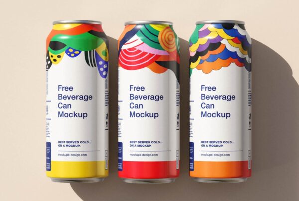 Three slim aluminium beverage cans with colorful abstract labels arranged vertically on a beige surface.