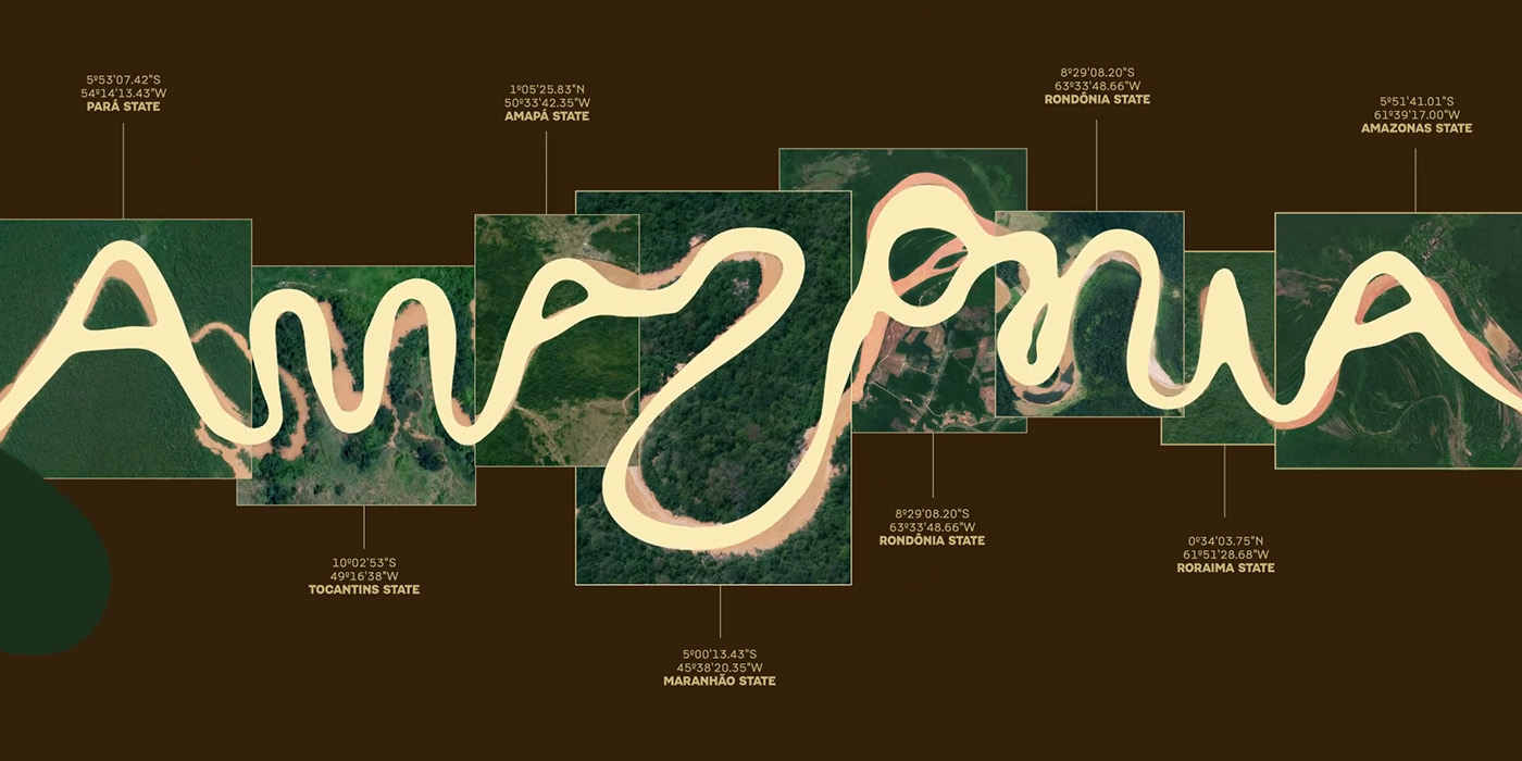 Satellite map views of the Amazon River curves forming the word "Amazonia" with geographic coordinates.