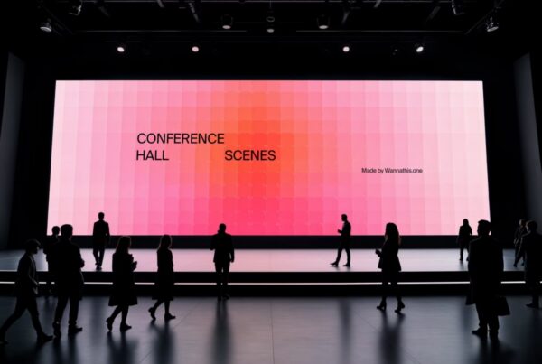 A wide-angle shot of a large LED screen display in a dark conference hall with silhouettes of people walking in the foreground.