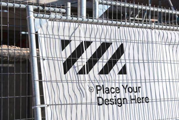 A close-up view of a white vinyl mesh banner secured with zip ties behind a galvanized iron construction fence.