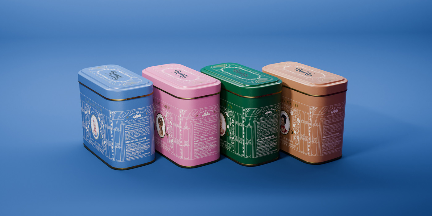 Four Maria Antonieta tea tins in blue, pink, green, and tan featuring intricate white illustrations and portraits.