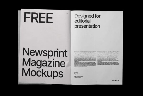 An open, two-page newsprint magazine spread displaying bold typography layouts against a solid black background.