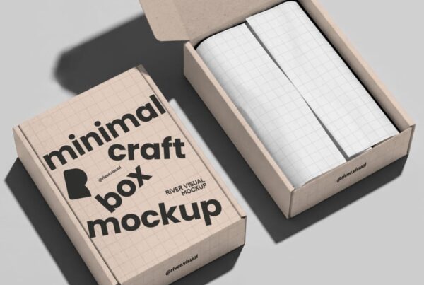An overhead angle of a closed kraft mailer box with bold typography and an open box showing grid-patterned tissue paper wrapping.