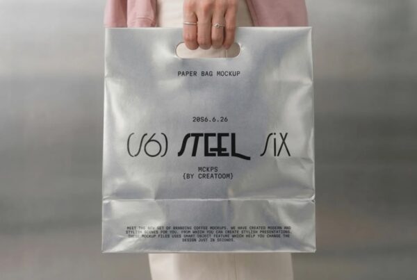 A person holding a reflective silver metallic paper bag with a die-cut handle against a blurred grey background.