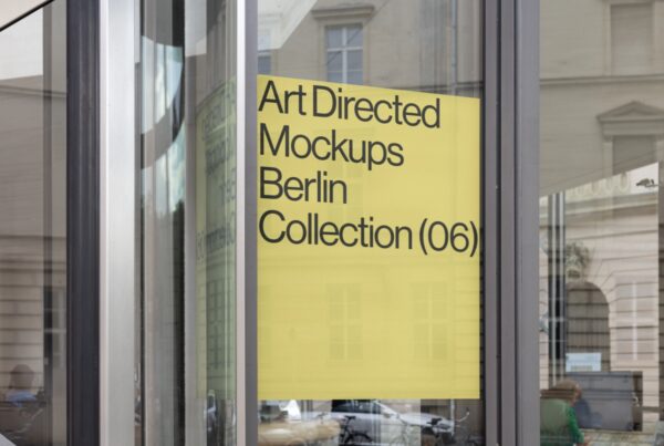 A bold yellow rectangular poster with black typography reading "Art Directed Mockups Berlin Collection (06)" is displayed on a modern glass storefront window, showing city building reflections.