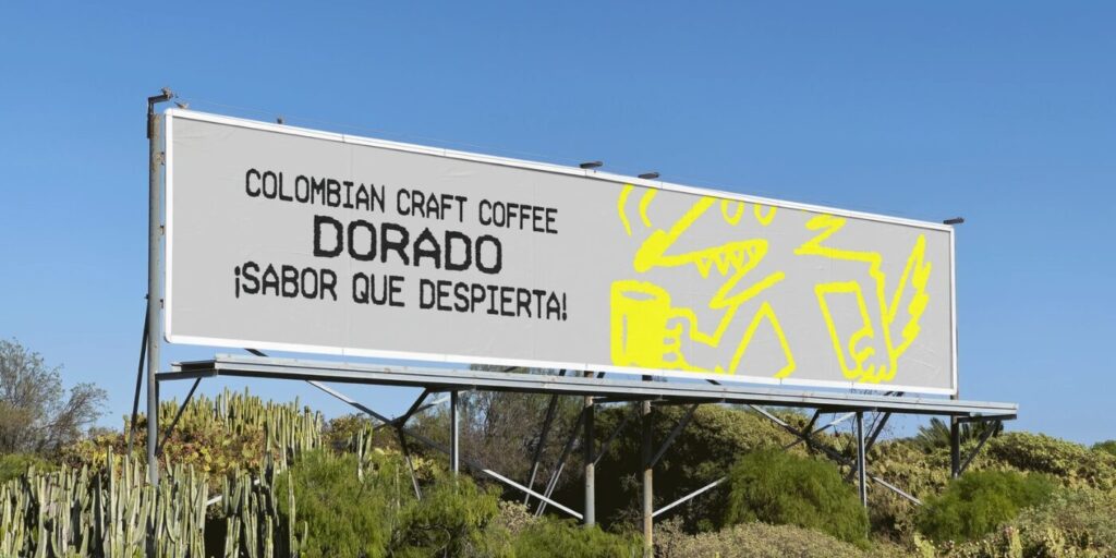Dorado coffee branding billboard featuring a yellow wireframe mascot and Hypermarket typography against a clear blue sky.