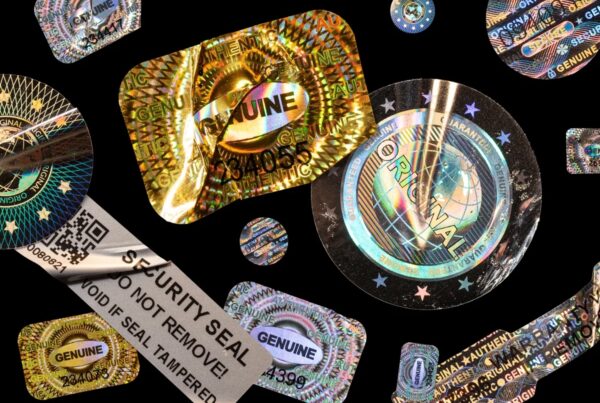 An assortment of iridescent holographic stickers, security seals, and warranty labels with metallic sheen arranged over a plain black background.