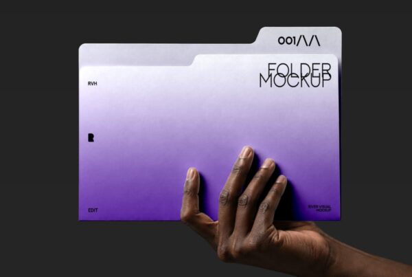 A close-up shot of a dark-skinned hand holding a customizable purple gradient paper folder against a dark gray background.