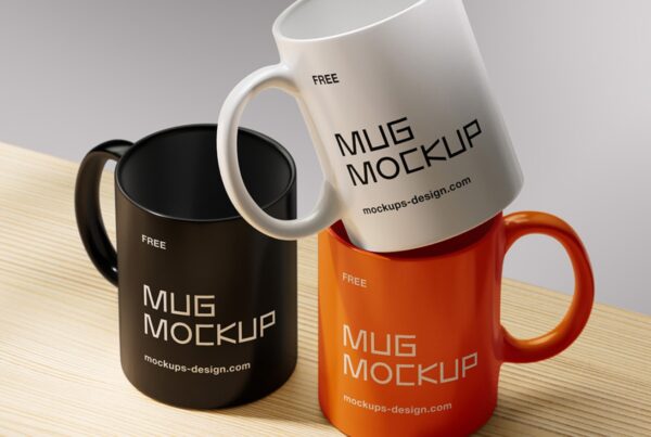Three ceramic mugs in black, orange, and white are stacked together on a light wooden tabletop with soft shadows against a grey background.