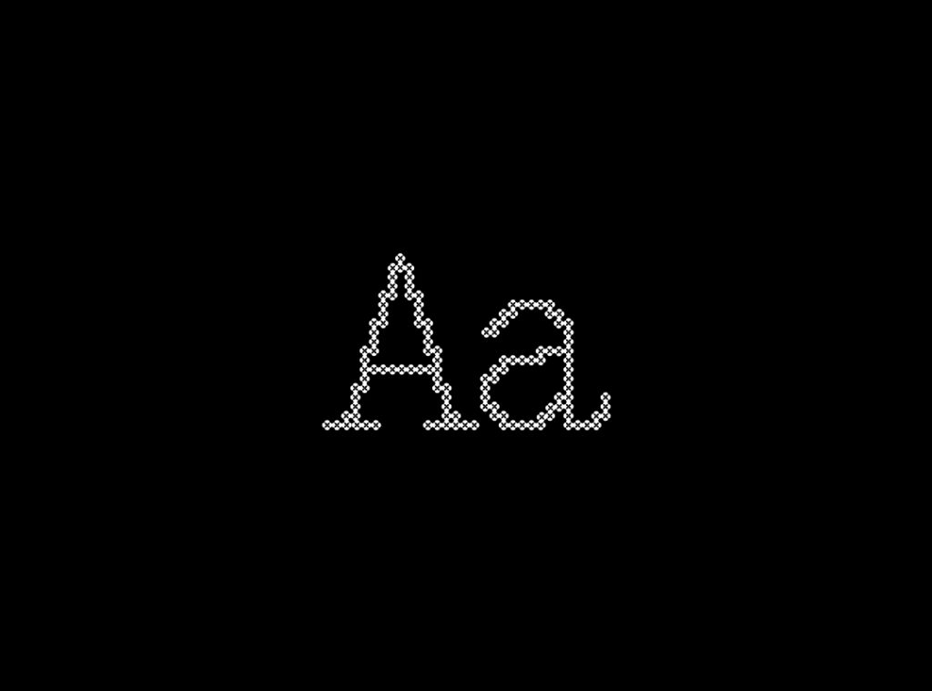 A graphic displaying the letters "Aa" (uppercase and lowercase) in the experimental, fractured modular style of the Flor de Ruina typeface.