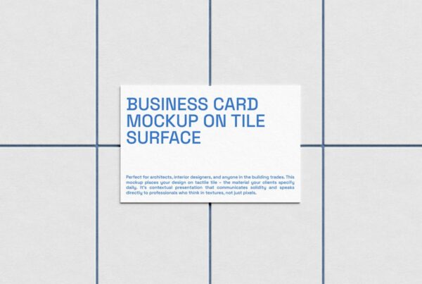 Standard format business cards displayed on a smooth, geometric ceramic tiled surface.