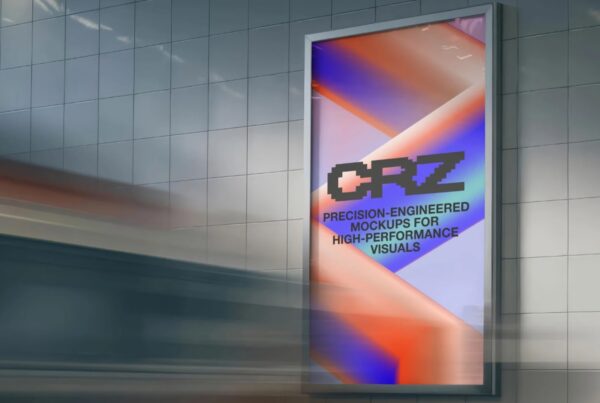 A vertical outdoor street poster mockup displaying graphic design artwork in a realistic urban setting.